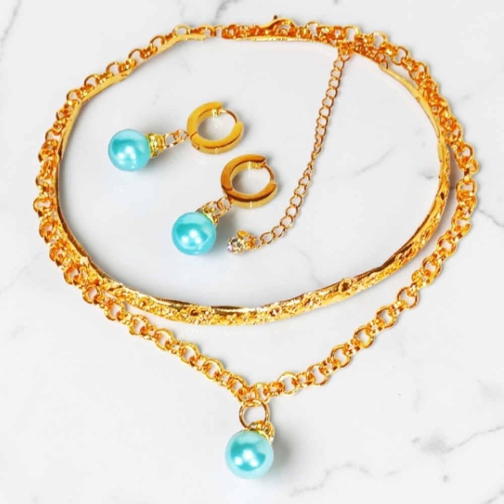 Gold Enchanted Choker Necklace Earring Set Aqua Charm New Age Grunge New Preppy